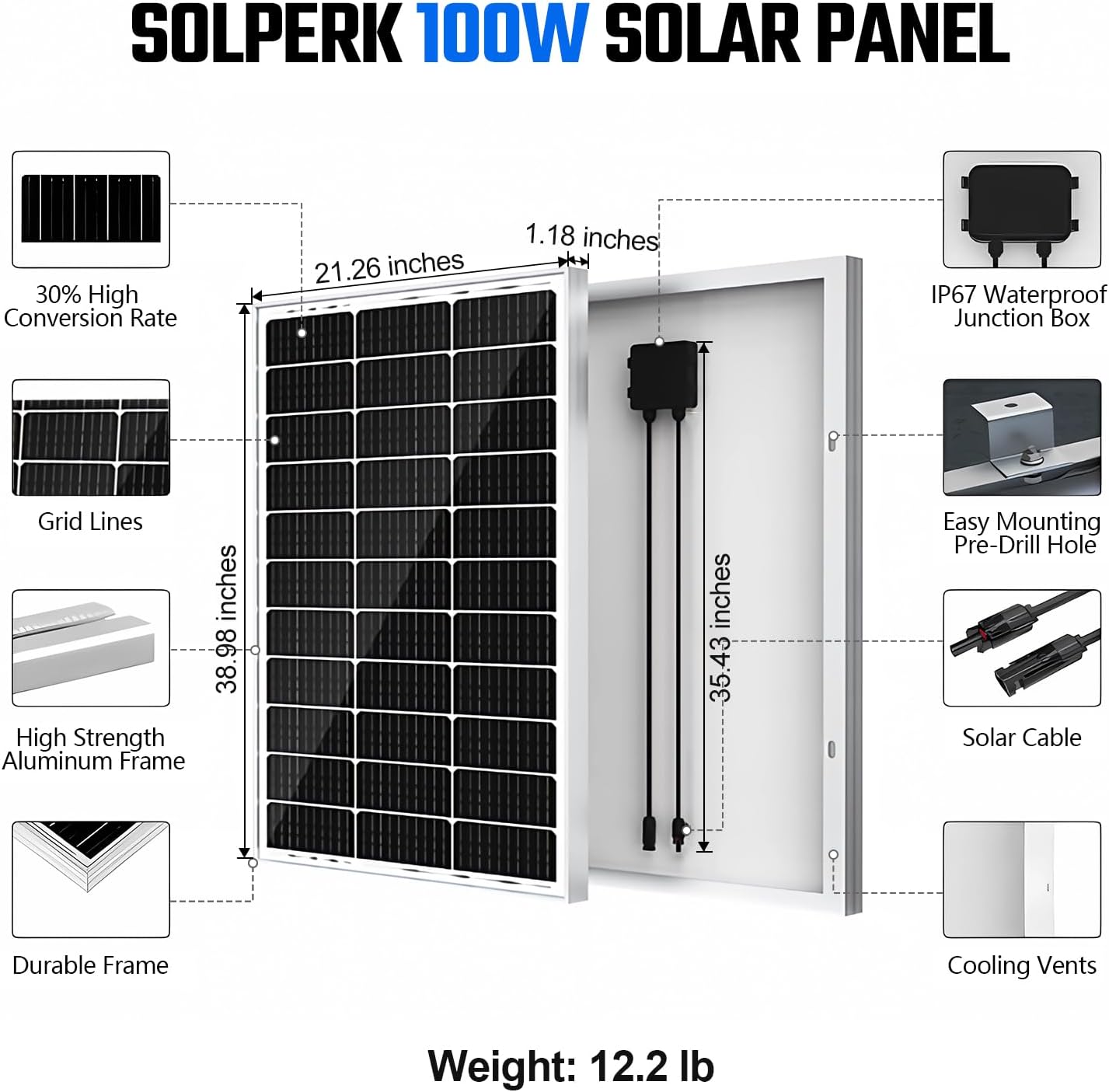 SOLPERK 100 Watt Solar Panel 12 Volt, 100W Solar Panel High-Efficiency Monocrystalline Solar Panels for Home, RV, Camping, Marine, Rooftop, Off-Grid Applications