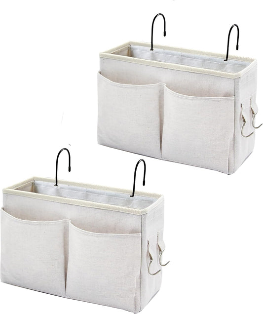 Bedside Caddy Organizer & Bedside Storage Basket Multi-Function Organizer for Bunk, Hospital Beds, Dorm Bed Rails,| Holds Magazines, Books, Glasses, Phone | Space-Saving (White 2 Pack)