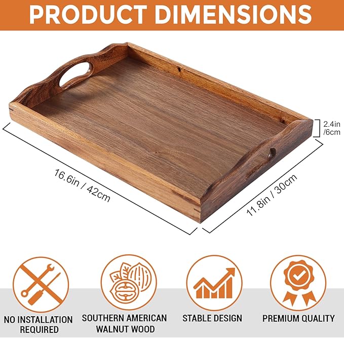 Nature Walnut Wooden Serving Tray with Handles, Solid Wood Food Tray for Coffee, Breakfast, Dinner, Ottoman,16.6x11.8x2.4 inches