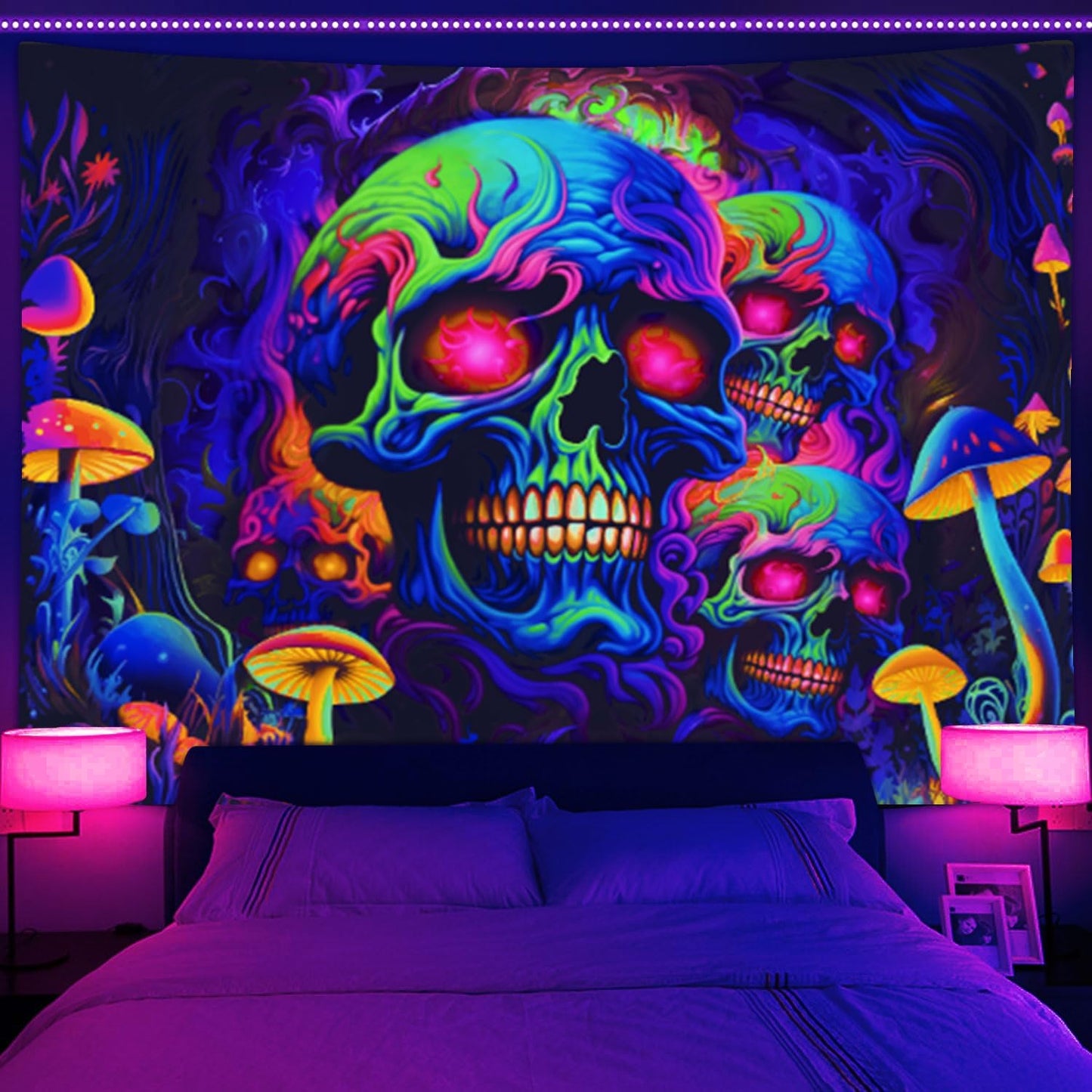 Xiaoput Skull Blacklight Wall Art, UV Reactive Skeleton Tapestry for Bedroom, Living Room, Dorm Decor 90x70IN