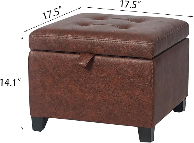 Adeco Faux Leather Storage Ottoman Bench with Wood Legs, 17.7" Square Red and Brown PU Cube Foot Stool, Upholstered Button Tufted Vanity Chair with Hinged Lid for Living Room, Bedroom, Dorm