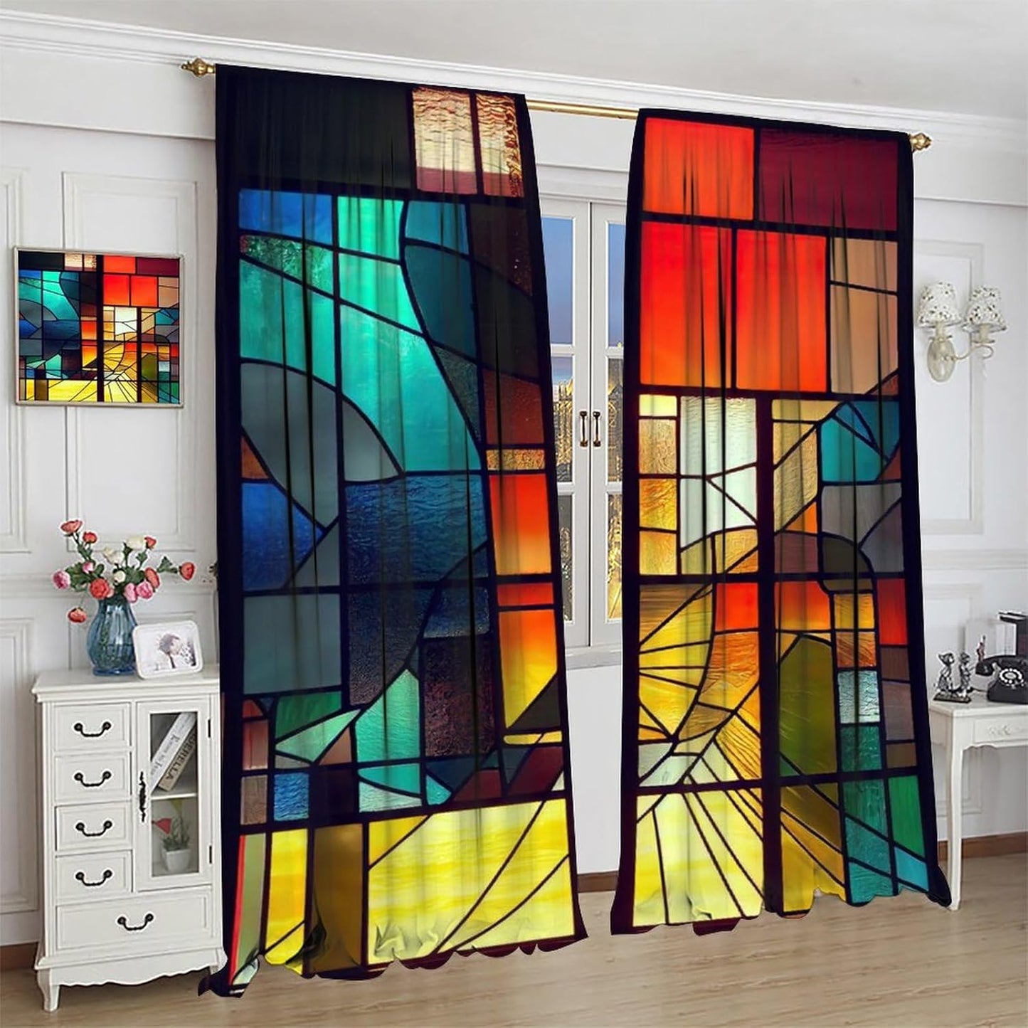 Stained Glass Curtains,Retro Abstract Colorful Geometry Textures Art Home Decor Drapes for Bedroom Living Room Kitchen Window Treatment 2 Panels Set Total Size 72" W X 63" L Inch