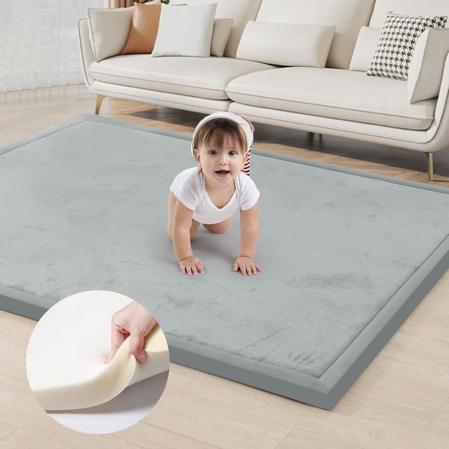 ACOMOPACK Baby Play Mat for Floor 1.3" Thick Memory Foam Play Mat 79"×157 Tummy Time Crawling with Non-Slip Bottom for Living Room,Nursery,Soft Velvet Playpen Mats for Kids,Infants（Light Grey）
