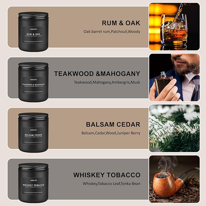 Scented Candles Set | Candle Gifts for Men - Masculine Candle, Soy Candles for Home Scented - 4 Pack Aromatherapy Gift for Dad Fathers Day- Scent of Teakwood & Mahogany/Whiskey Tobacco/Rum & Oak/Cedar