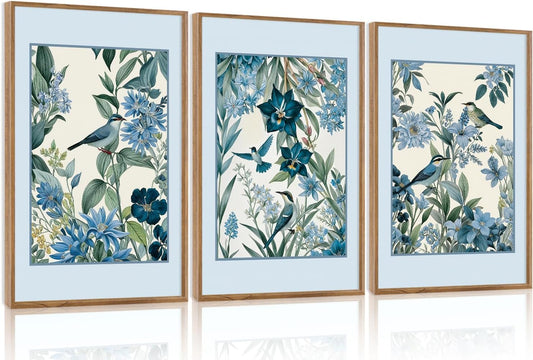 Aurlan Vintage Blue Birds and Botanical Framed Wall Art(24"x36"), 3PCS Classic Chinoiserie Audubon Bird Canvas Artwork, Large Abstract Watercolor Flowers Floral Home Decor for Bedroom Living Room