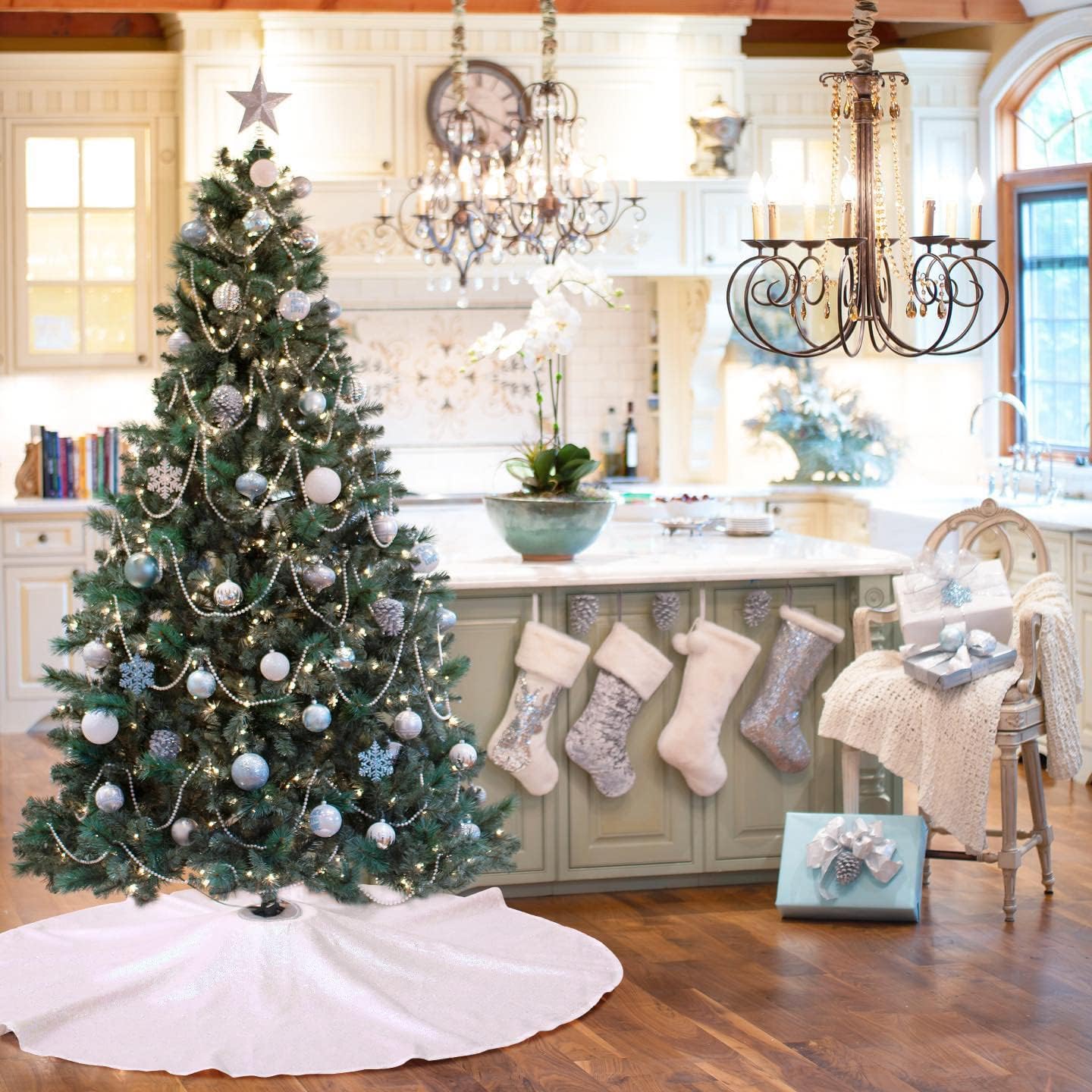 Large Christmas Tree Skirt 48 inches Sequin Tree Skirt Glitter Xmas Holiday Decoration Iridescent White