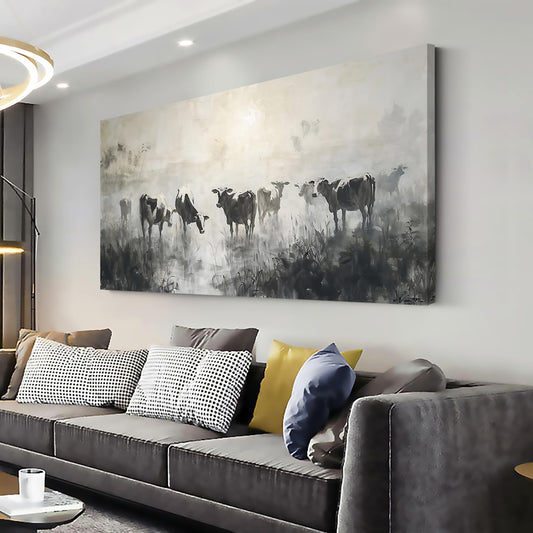 LASMOND Black and White Cow Wall Art for Living Room Ink Wash Canvas Painting Prints Morning Cattle Vintage Country Farmhouse Artwork Bedroom Office Decor (30x16 Inches)