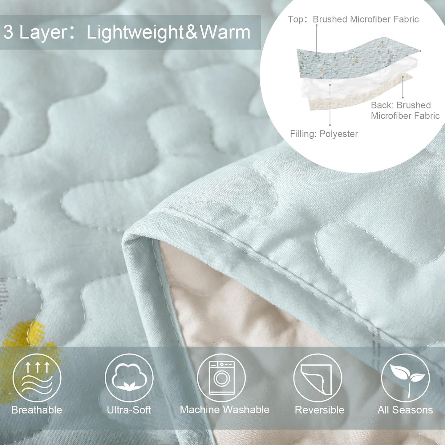 Exclusivo Mezcla Reversible Boho Quilt Set Queen Size, 3 Pieces Flowers Aqua All Season Bedspreads, Ultra Soft Floral Coverlet Bedding Set with Printed Pattern (1 Quilt, 2 Pillow Shams)