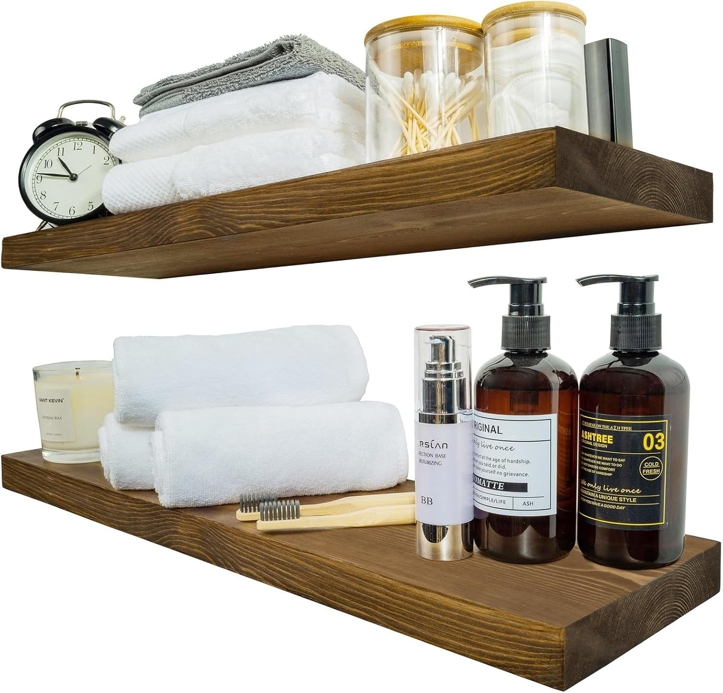 BGMG Wood Floating Shelves for Wall 24 inch Set of 2, Rustic Wooden Wall Mount Shelves for Bathroom Living Room Bedroom Kitchen Farmhouse -24x 6.7 x1.25 inch- Walnut Color