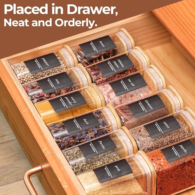 Comsaf Spice Jars with Label，8 oz Small Glass Jars with Lids, 6 Pcs Seasoning Containers, Rectangle Glass Containers with Lids, Empty Seasoning Jars for Pantry Storage, Loose Tea, Herbs, Powders, Salt