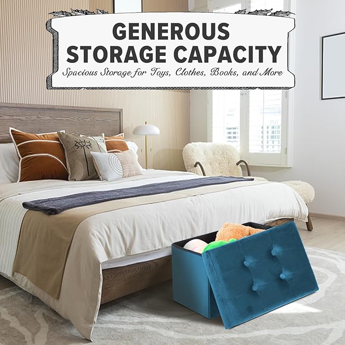 LINMAGCO Storage Ottoman Folding Foot Stool Velvet Foot Rest with Padded Modern Ottoman with Storage for Living Room Puppy Step Stool 17x13x13in(Blue)