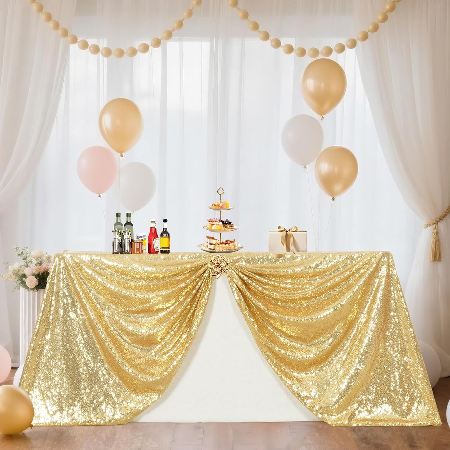 SquarePie Sequin Tablecloth 50 x 72 Inch Light Gold Glitter Table Cloth for Wedding Party Decoration