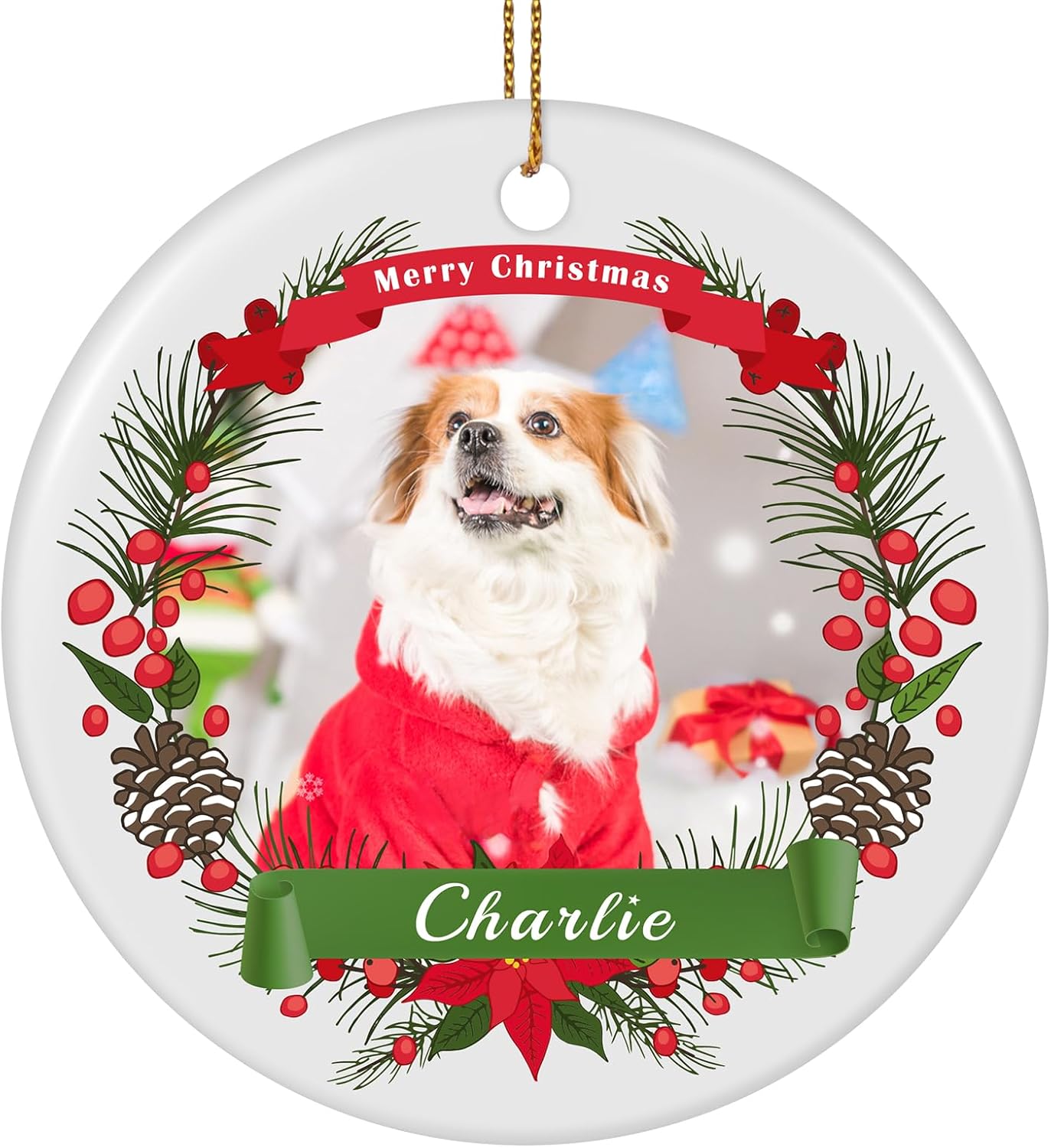 Personalized Dog Photo Christmas Ornament 2025, Ceramic Custom Pet Memorial Ornament Xmas Gifts for Christmas Trees Decorations