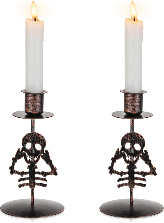 Romadedi Candle Holder for Halloween Decor: Set of 2 Black Gothic Skull Taper Candlestick Table Centerpiece Decorations Spooky Party Dinning Room Home Indoor