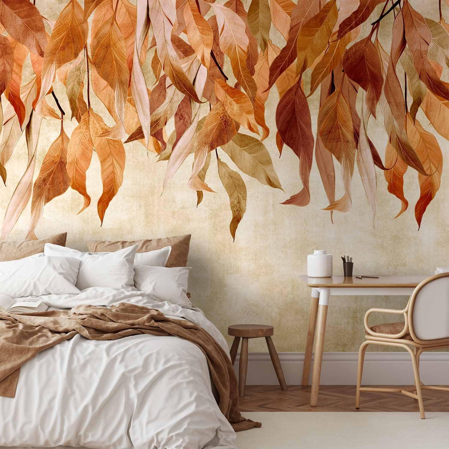 artgeist Premium Wall Mural Hanging Leaves 98x69 in - Non-Woven Wallpaper Fleece Wall Decor Photo Print Picture Image Design Nature Botanical Concrete Orange Beige b-C-10146-a-c