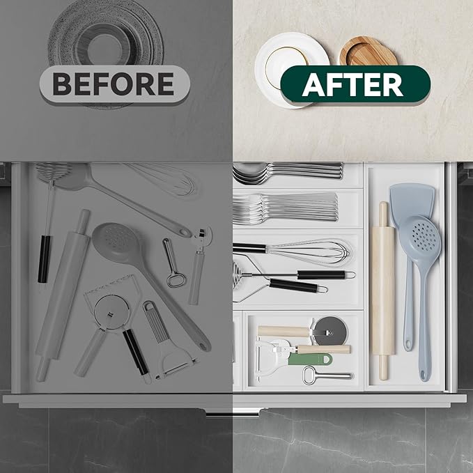 Bamboo Drawer Organizer, Extra Large Silverware Organizer for Kitchen Drawer, Stackable Utensil Organizer, 2 Pcs Toilet Tank Topper Tray, Wooden Toilet Paper Basket (White, 17 X 6 X 2 Inch)