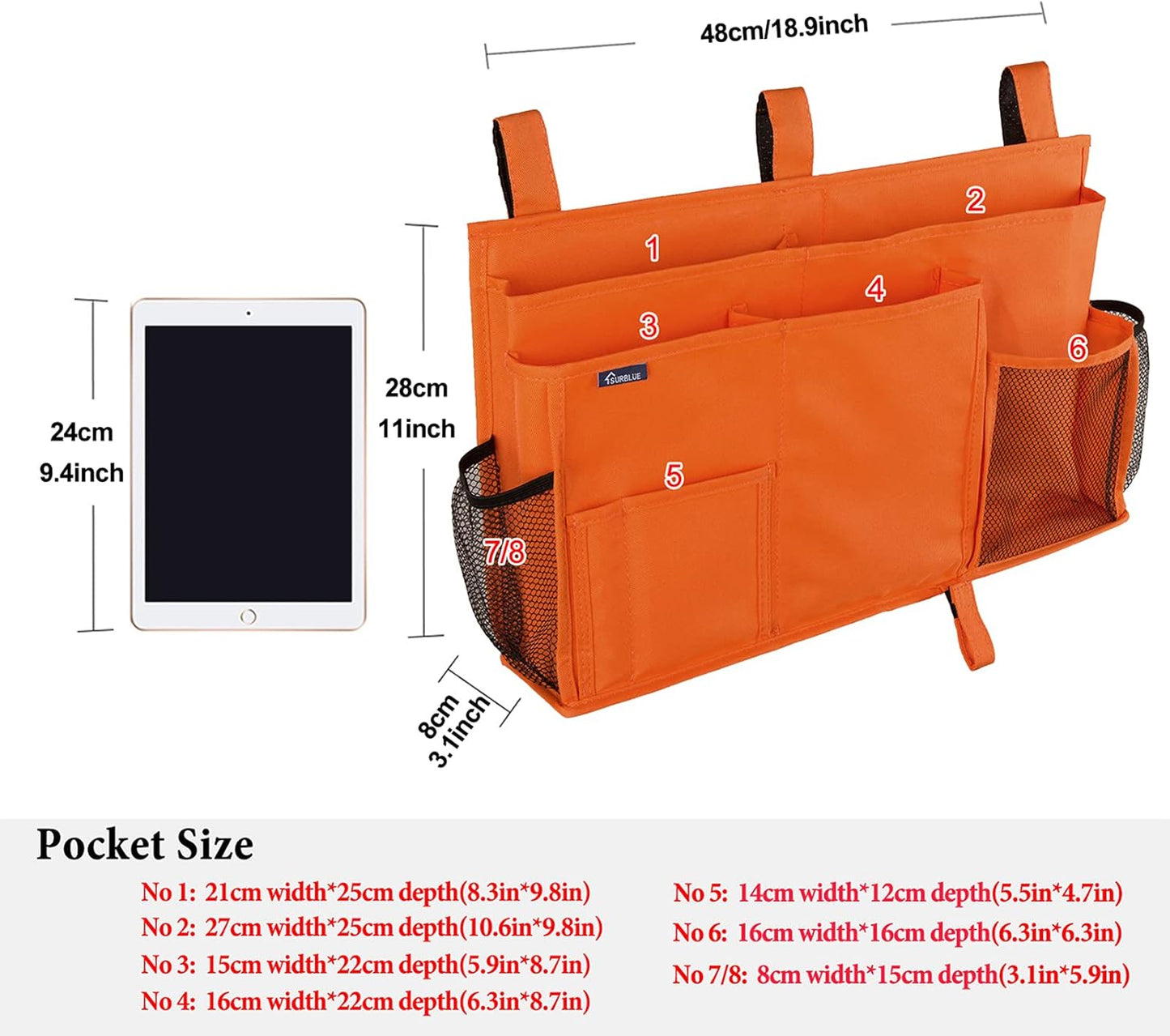Surblue Caddy Hanging Organizer Bedside Storage Bag for Bunk and Hospital Beds, Orange, L