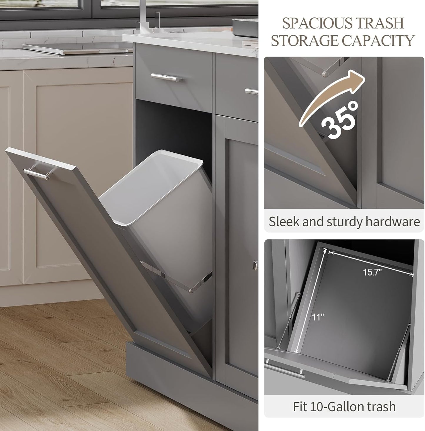 4 EVER WINNER Kitchen Island with Trash Can Storage, Kitchen Islands on Wheels with Marble Countertop, Portable Island Cart for Kitchen, Gray