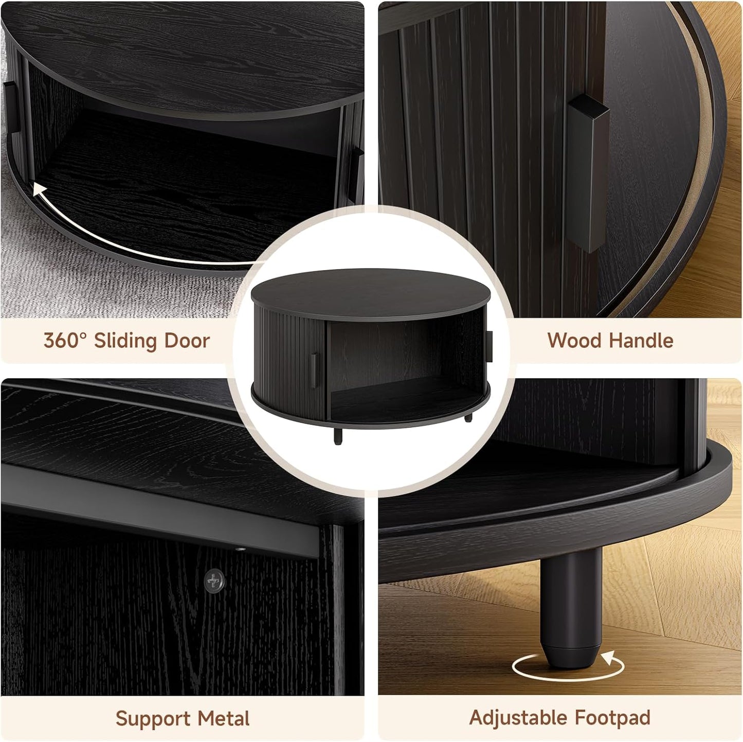 Round Coffee Table with Storage, 31.5" Modern Coffee Table with 360° Curved Sliding Door, Fluted Wood Accent Coffee Table with Adjustable Footpads, Round Center Table for Living Room, Black