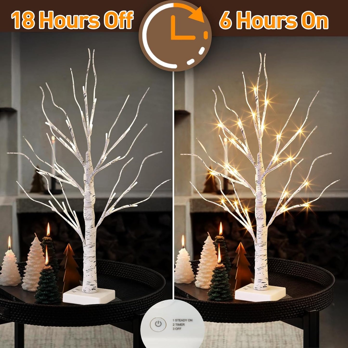 EAMBRITE Lighted Birch Tree Spring Decorations for Home, White Birch Tree with Lights, 24 LED Lighted Mini Money Tree Twig Tree Battery Operated with Timer, Christmas Indoor Centerpiece Decor (2FT)