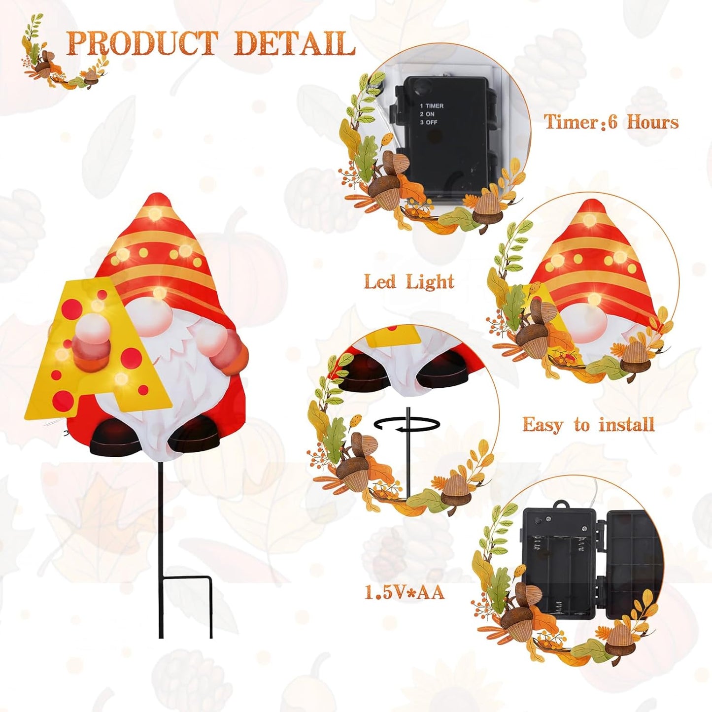 WONDER GARDEN Fall Yard Stakes Yard Signs, 4 Pack Metal Thanksgiving Lighted Garden Stakes, Gnome Sign with LED Lights for Harvest,Outdoor, Lawn,Farmhouse Decorations