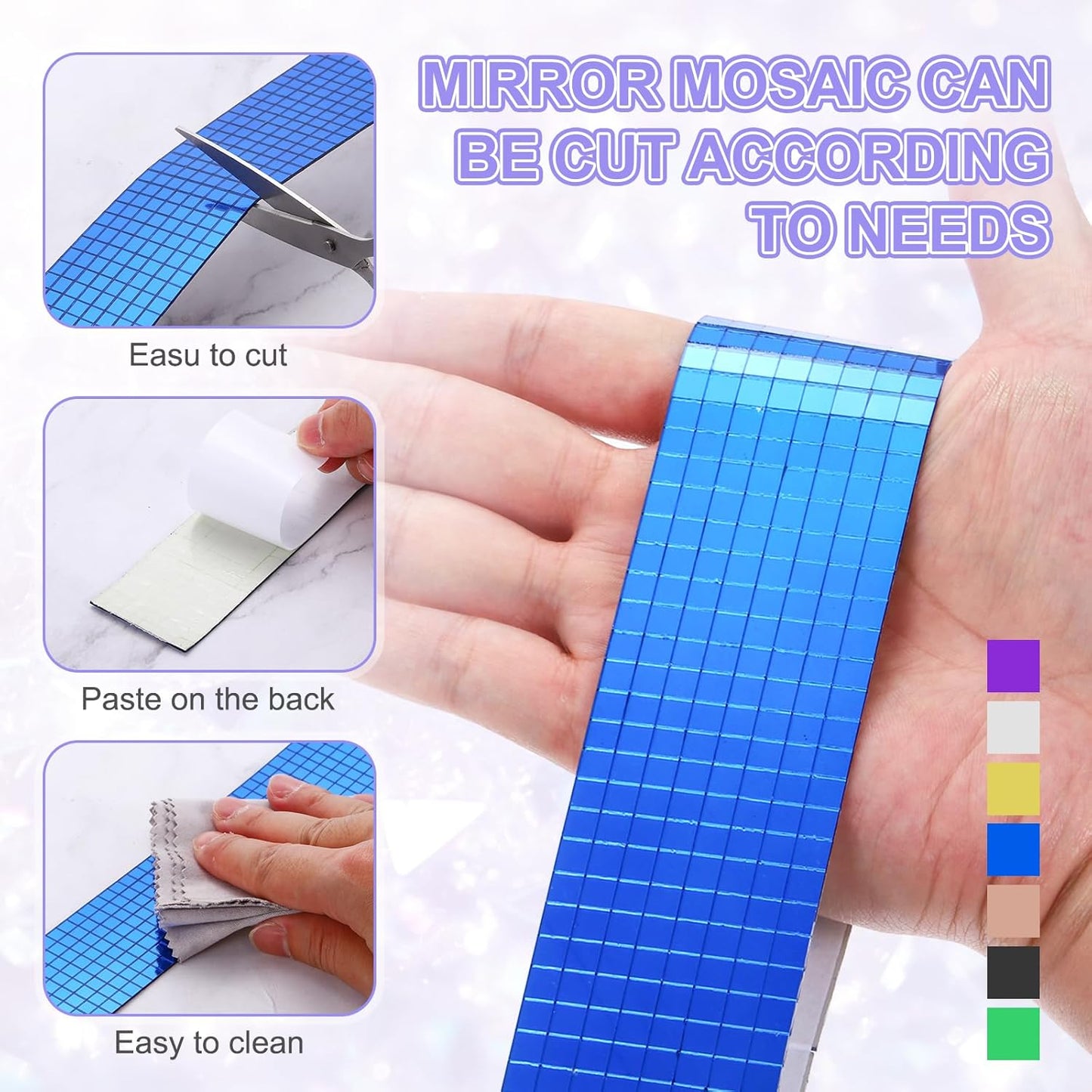 MECCANIXITY Self Adhesive Glass Mirror Mosaic Tiles 3200 Pcs 5 x 5 mm Disco Tiles for Craft Decoration Glass Mirror Disco Ball 2 Rolls (Purple/Silver)