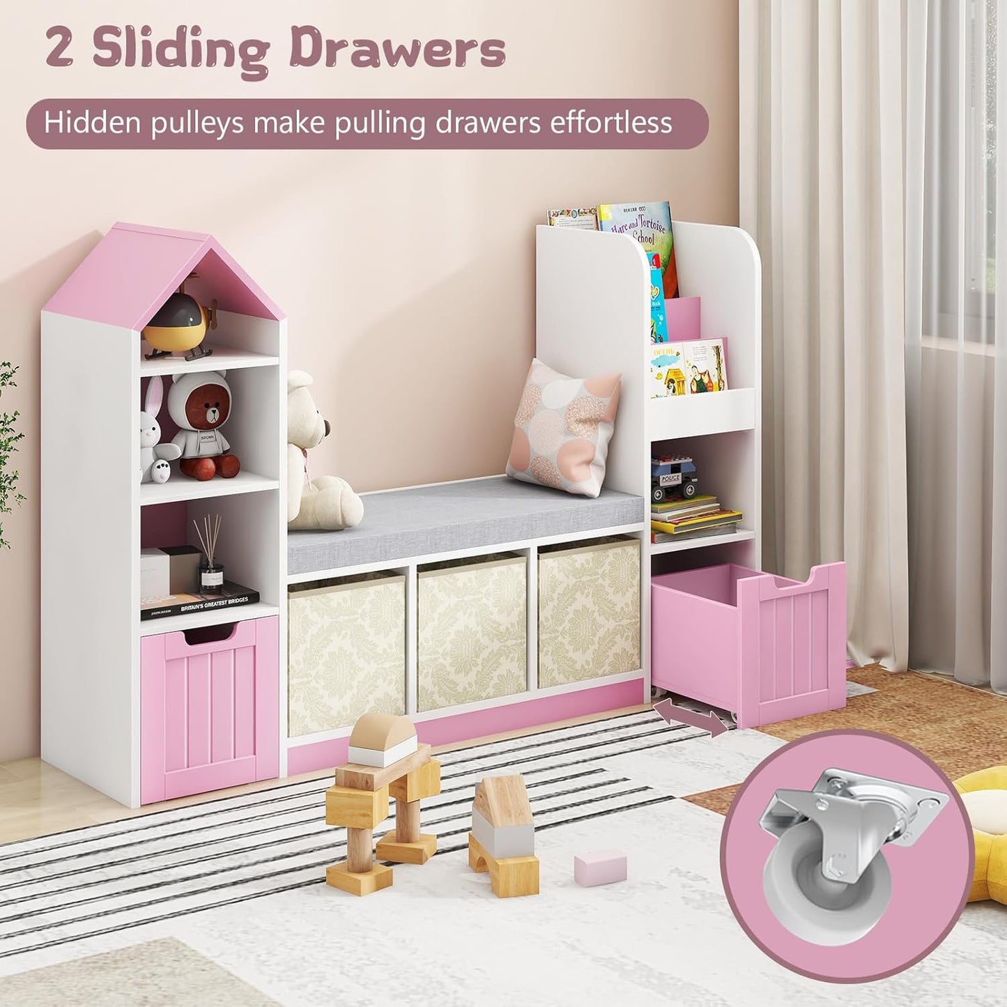 Toy Storage Organizer for Kids Bookshelf with Reading Nook, Multifunctional Kids Bookcase with 7 Storage Cubbies, 2 Movable Drawers and Seat Cushion for Keeping Kids' Toys Books Organized, Pink