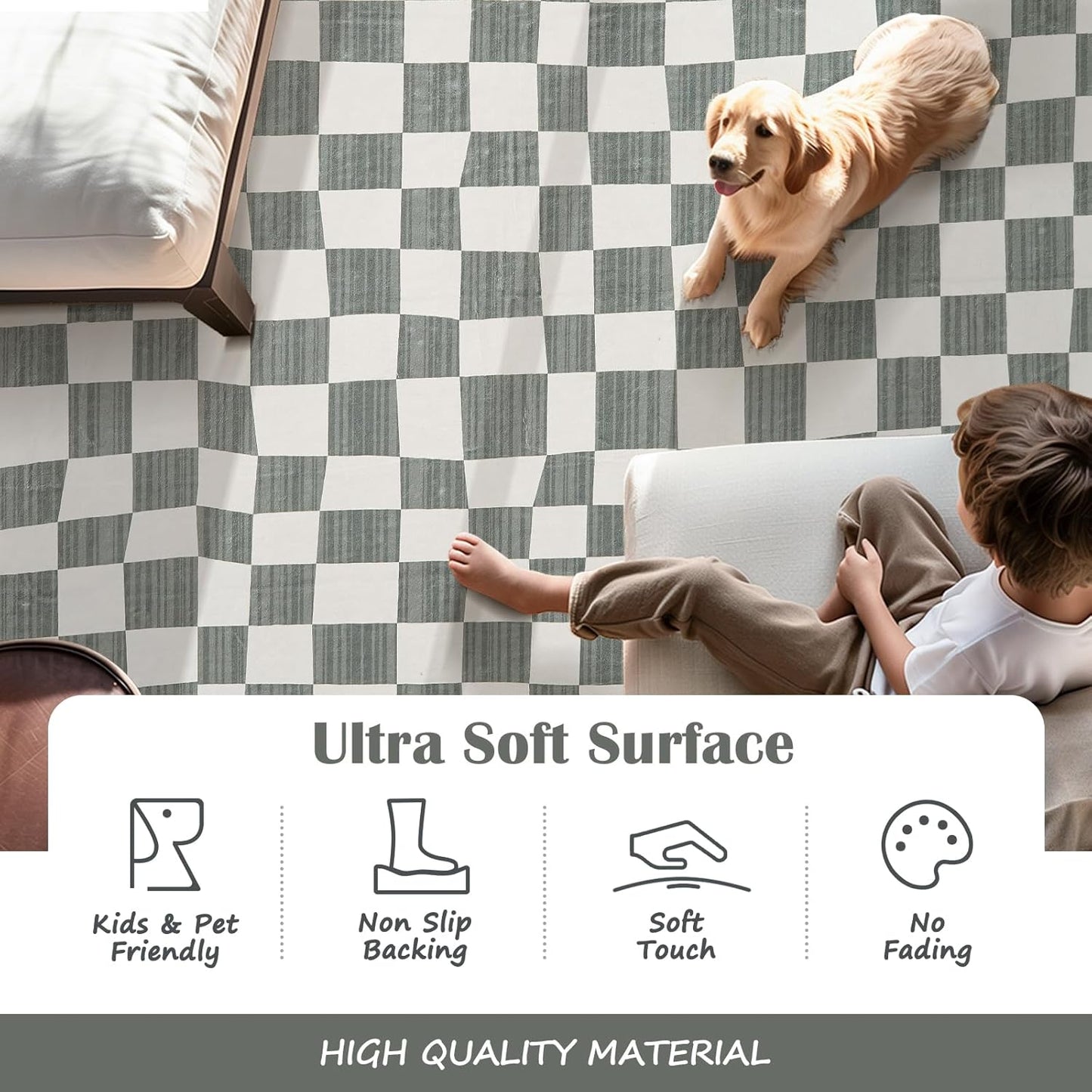 jinchan 3x5 Checkered Area Rugs for Kids Room - Machine Washable Soft Rug Modern Geometric Lattice Non-Slip Carpet for Nursery Playroom Bedroom Entryway Living Room Dining Room Home Office Grey