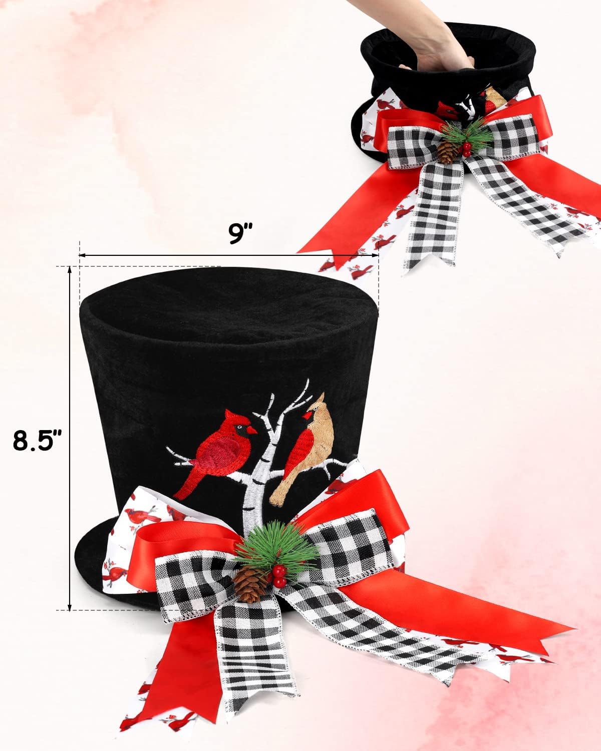 Cardinal Christmas Tree Topper Top Hat with Buffalo Plaid Check Bows Xmas Couple Cardinals on Tree Ornament Winter Holidays Home Decoration Memorial Sympathy Gift for Him Her