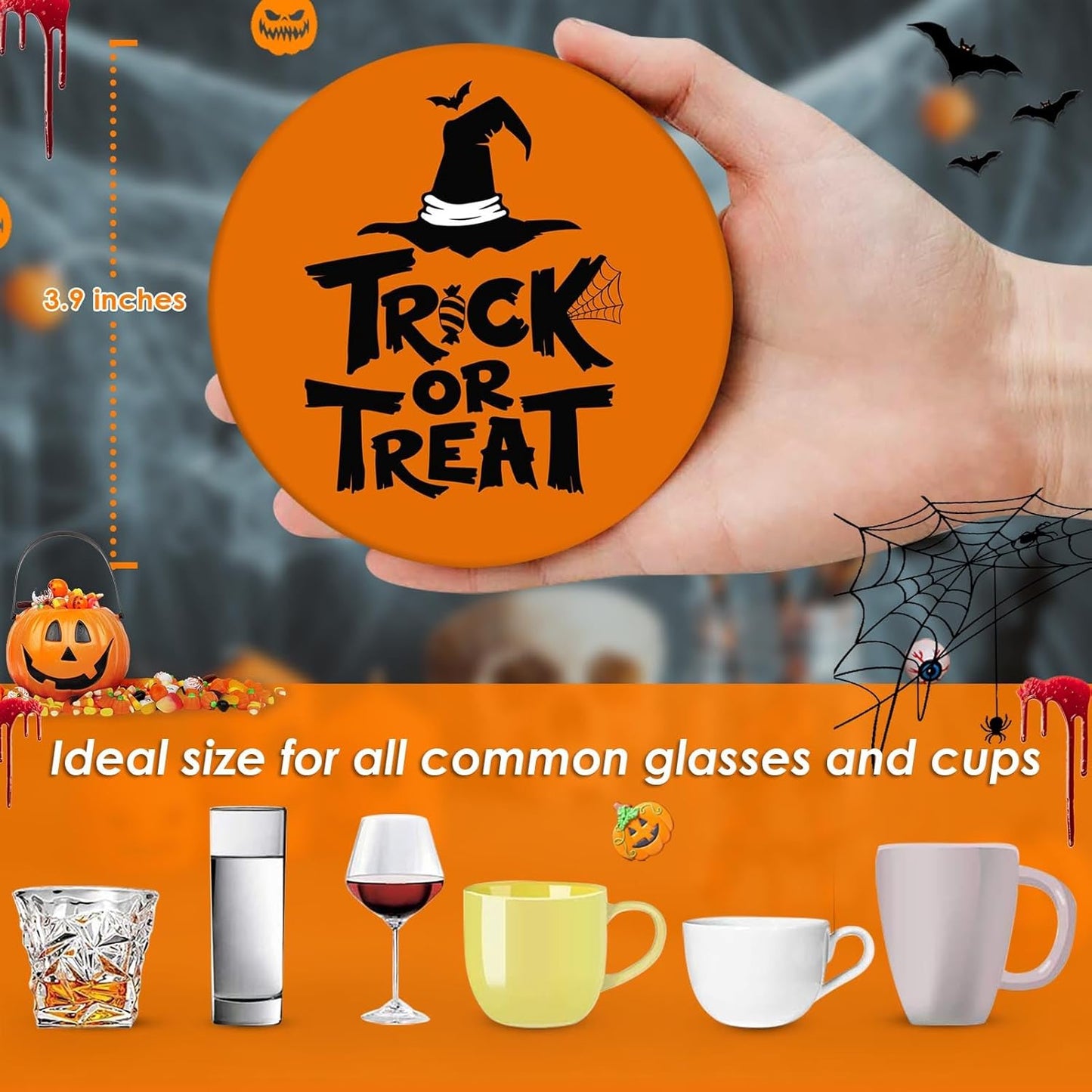 Coaster for Drinks Set of 6, Happy Halloween Orange and Black Trick or Treat Absorbent Round Ceramic Stone Mat, with Cork Base and Metal Holder, Gift for Housewarming Room Bar Decor