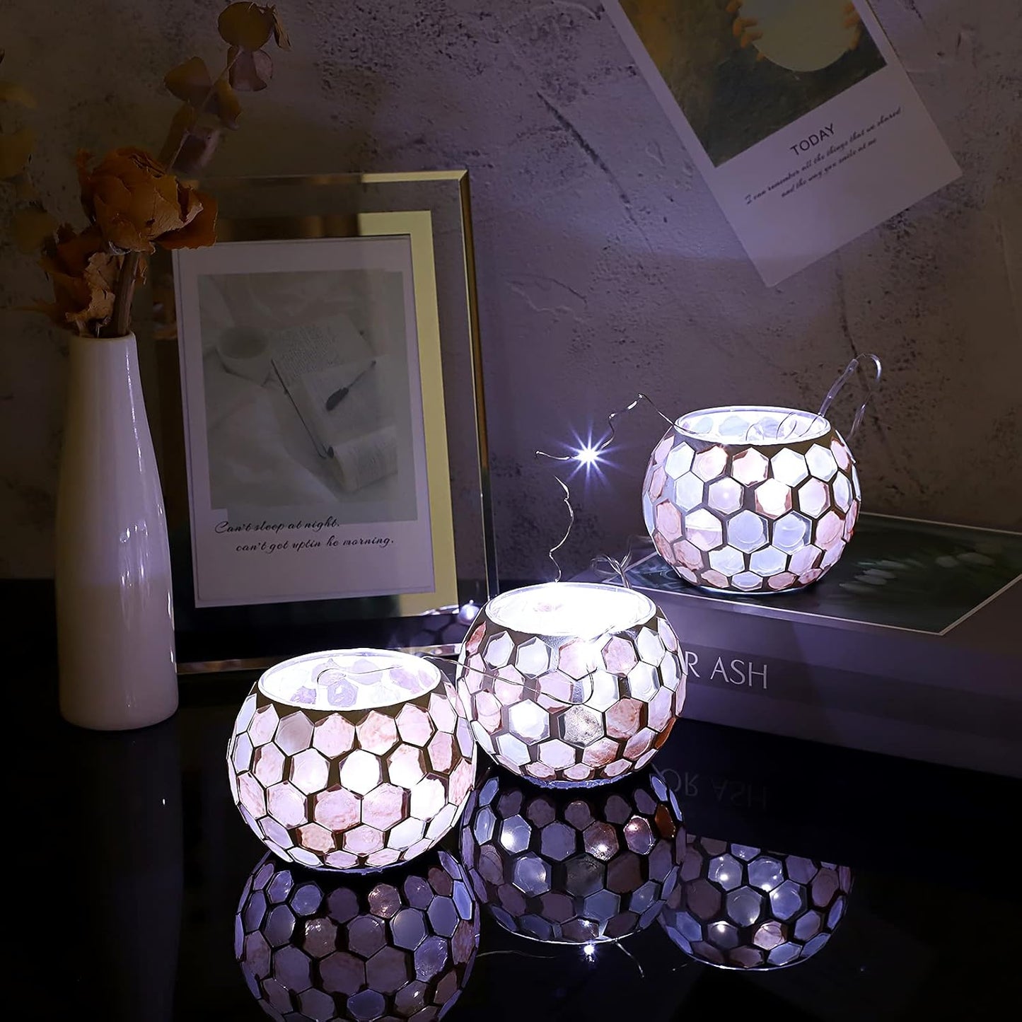 OwnMy Set of 3 Mosaic Glass Tea Light Holders Round Bowl Votive Candle Holders Pillar Candle Stands, Glass Mosaic Tealight Holders Potted Plant Bowl Vase Candle Centerpiece for Dining Table Wedding