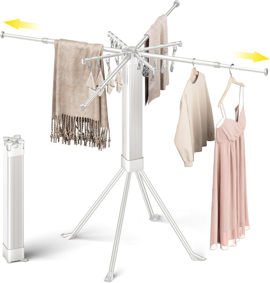 BIREN Clothes Drying Rack Foldable Extending Laundry Rack with 16 Clips Collapsible Clothing Rack Space-Saving Clothing Racks for Hanging Clothes, Indoor, Camping, Balcony, Outdoor