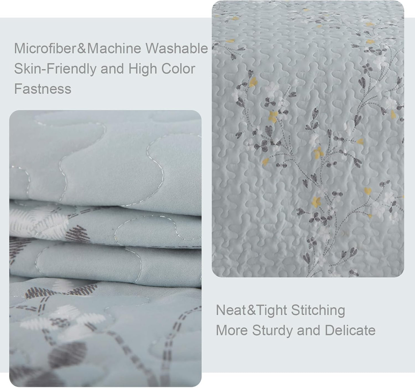 Exclusivo Mezcla Reversible Boho Quilt Set King Size, 3 Pieces Flowers Light Blue All Season Bedspreads, Ultra Soft Floral Coverlet Bedding Set with Printed Pattern (1 Quilt, 2 Pillow Shams)