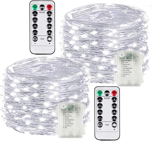 2 Pack 100LED Battery Operated Fairy Lights with Remote, 8 Modes LED String Lights with Timer, Dimmable, Memory Function, Waterproof Twinkle Lights for Outdoor Indoor Christmas Decor(Cool White)