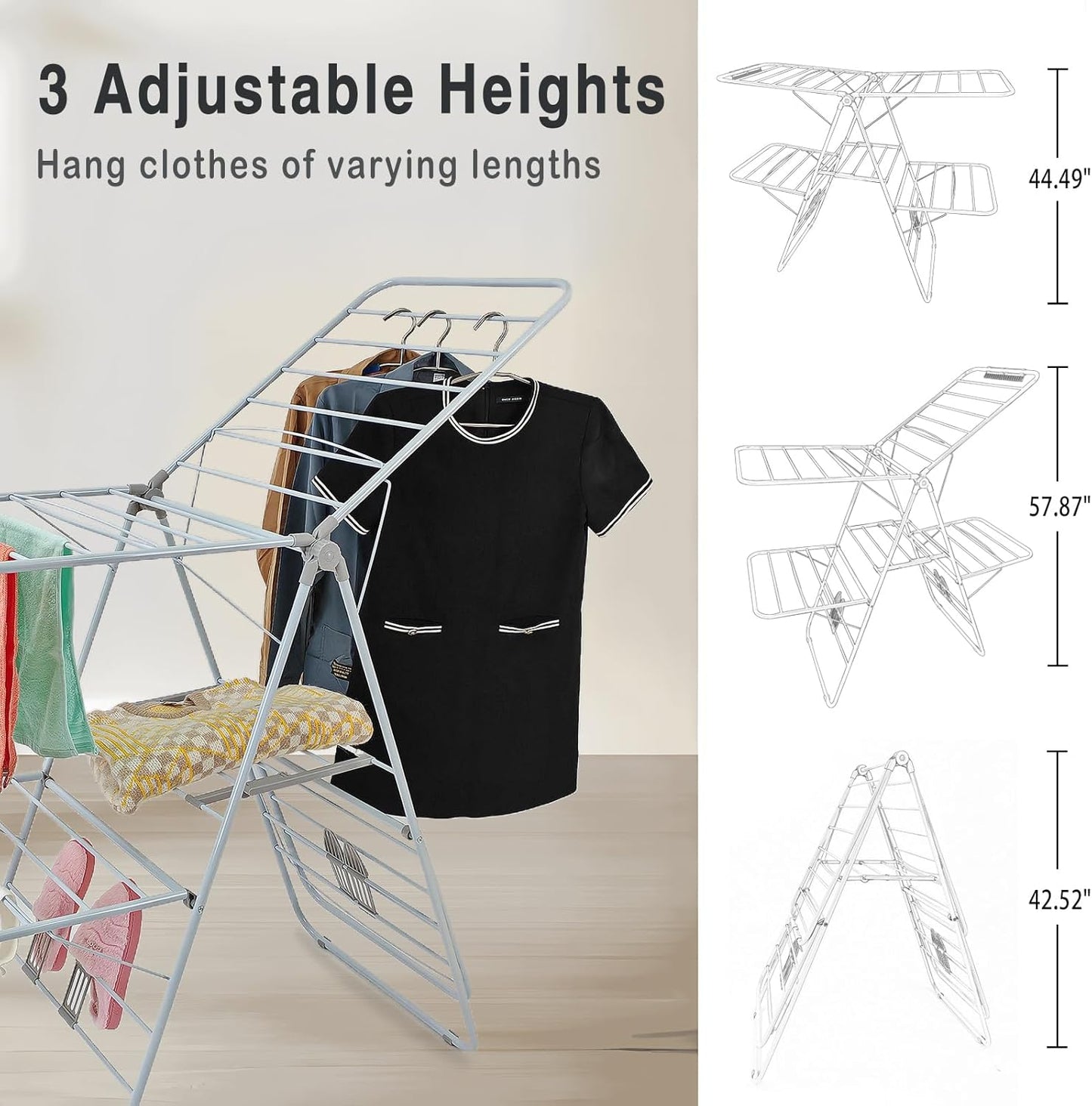 Large Capacity Double Drying Rack, Folding Rustproof Drying Rack with Non-Slip Clips and Drainage Shoe Rack, Height Adjustable, Airy and Quick Drying, Suitable for Balcony and Outdoor Use