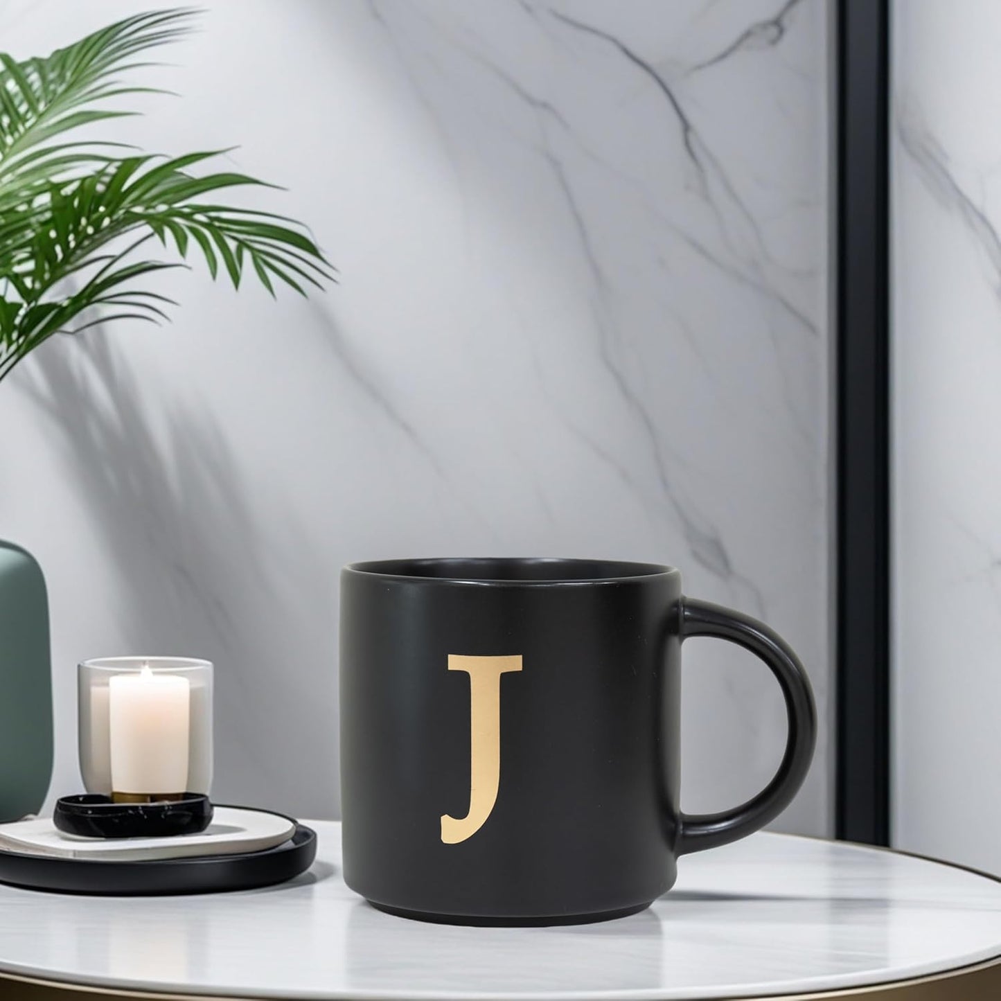 COLLECTIVE HOME - Monogram Ceramic Mugs, 15 oz Golden Initial Black Coffee Cups, Elegant Alphabet Tea Mugs, Elegant Personalized Mug with Gift Box, Unique Mug with Double Side Capital Lette (J)