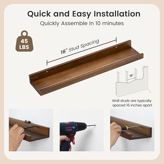 Picture Ledge Wall Shelves 24 inch Width Set of 2, Solid Pine Wood Rustic Floating Ledge Shelves for Wall for Kids' Room Bedroom Kitchen Bathroom Living Room Nursery Display Wall Decor, Walnut