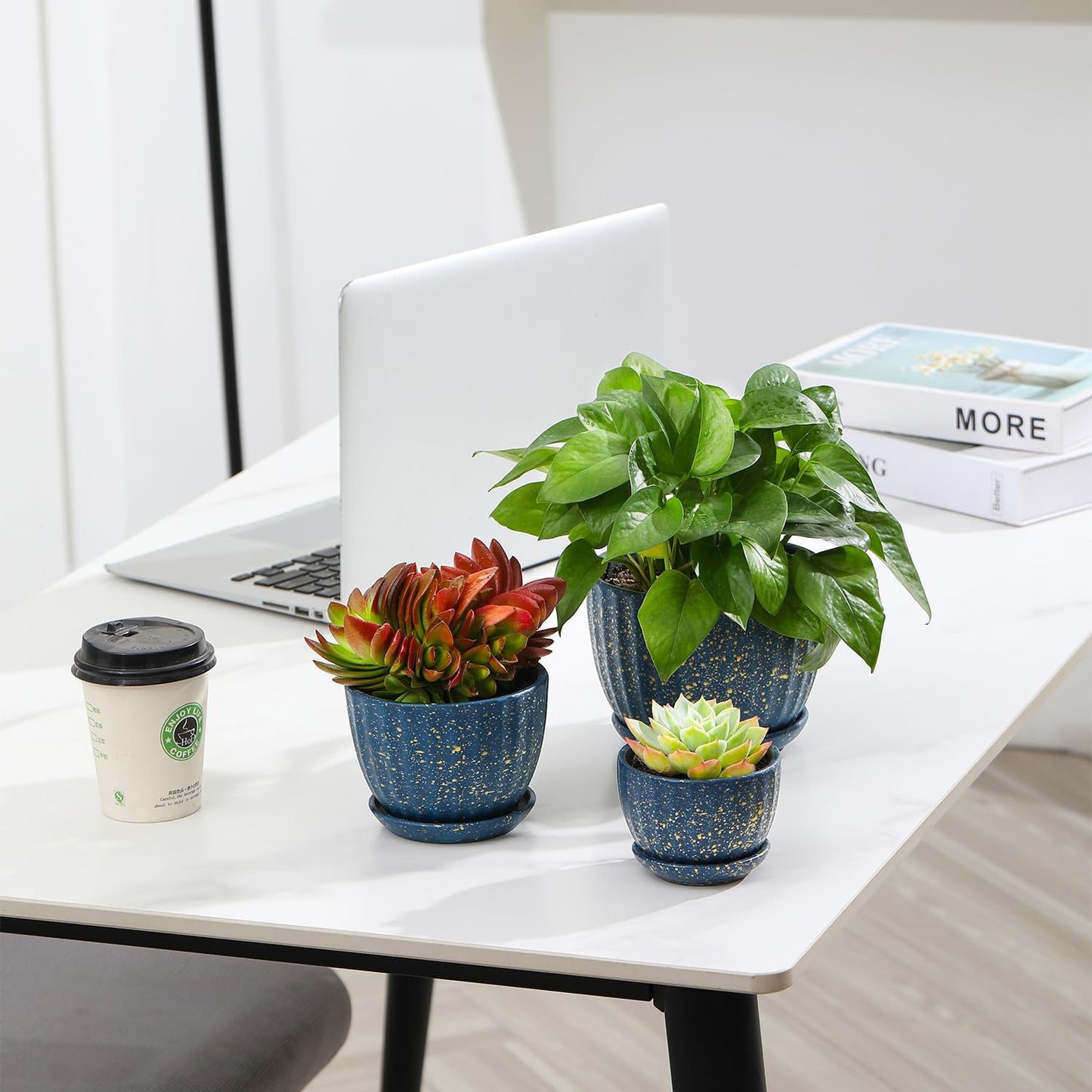 Ceramic Plant Pots with Drainage Holes and Saucers, Round Blue Flower Pots for Indoor Plant, Diameter 3.3/4.3/5.5 Inches Small Mini Flower Planters Set of 3