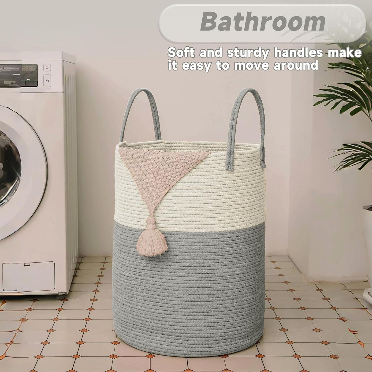 Large Woven Laundry Basket Hamper,100L Cotton Rope Storage Bin for Blankets,Toys and Clothes,Decorative Tall Nursery Hamper for Living Room,Baby Nursery,Bathroom and Bedroom,White and Grey