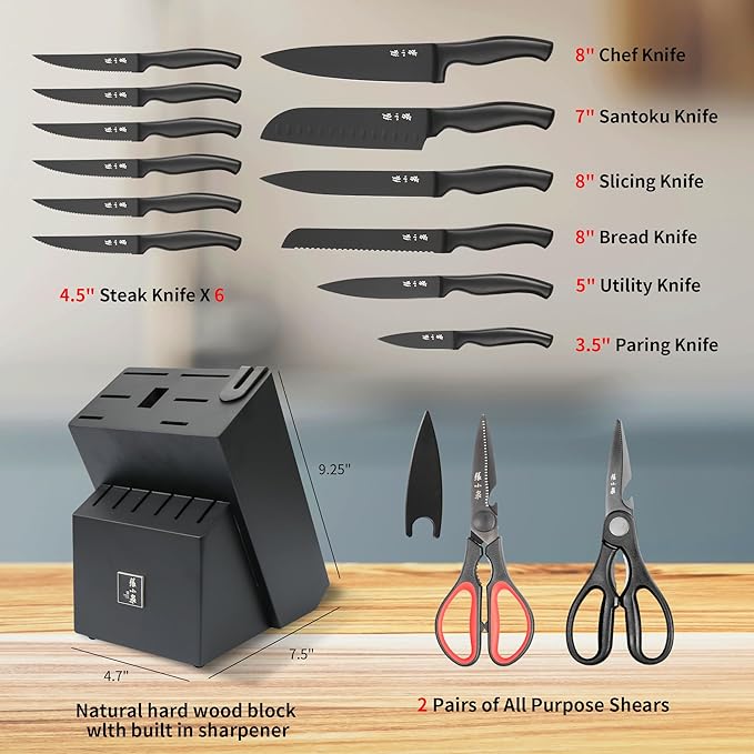 ZHANG XIAO QUAN SINCE 1628 15Pcs Knife Sets with Block, knife sets for kitchen with block High Carbon Stainless Steel Built-in Sharpener Dishwasher Safe(Black)