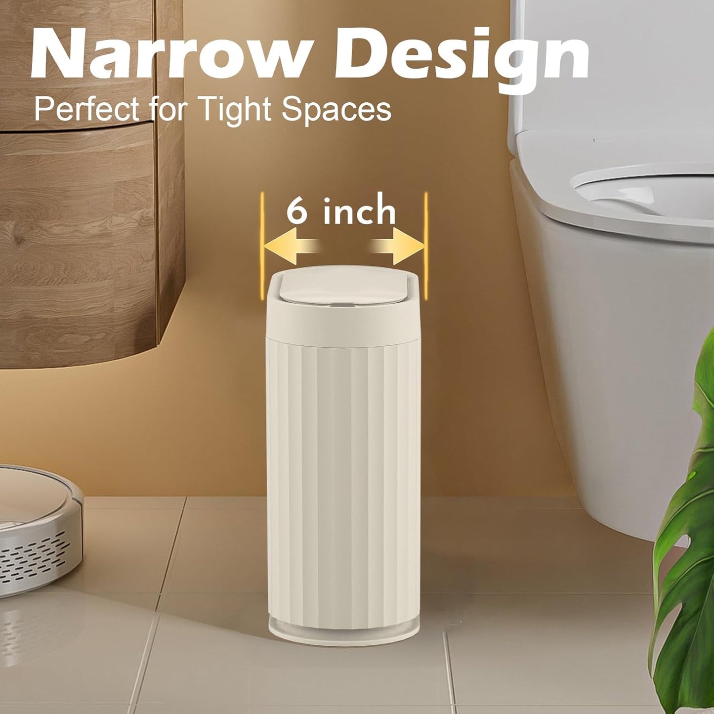ELPHECO 2 Gallon Sensor Trash Can - 7.5L Waterproof Motion Sensor Trash Can, Automatic Bathroom Trash Bin, Slim Garbage Can, Bathroom, Office, Bedroom, Beige