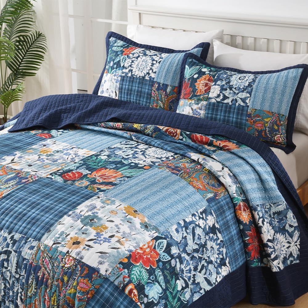 Autumn Dream Cotton Bedspread Quilt Sets Reversible Bedding Coverlet Sets, Luxury Vintage Paisley Floral Patchwork Blue Bedspread, Queen Size