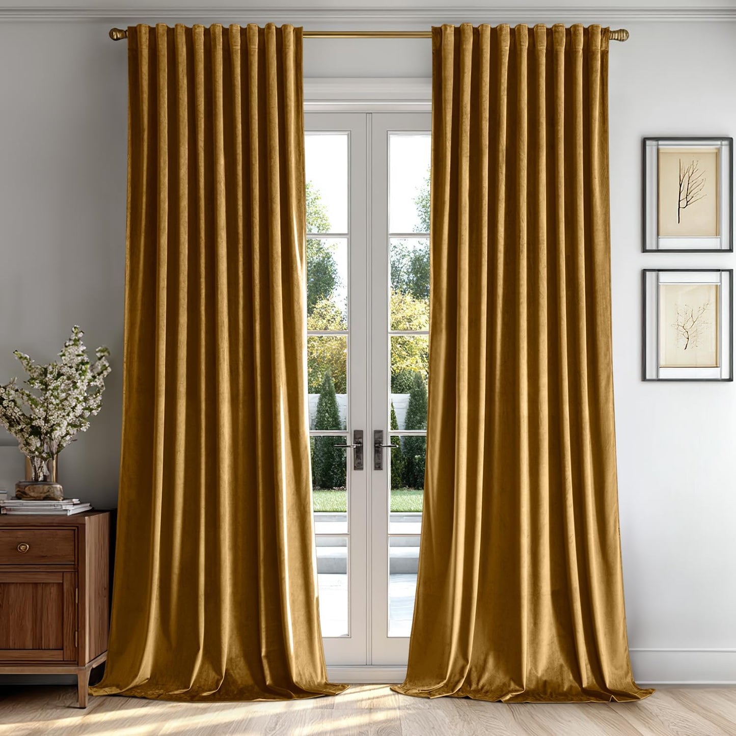 MIULEE Gold Velvet Curtains 96 inches 2 Panels - Luxury Room Darkening Window Drapes for Bedroom Living Room Thermal Insulated Super Soft Blackout, Back Tab Rod Pocket Pinch Pleated, W52 x L96