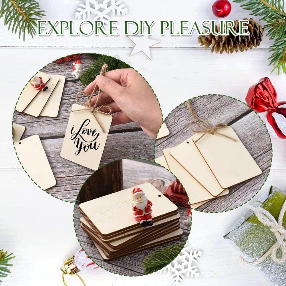 Rectangle Wooden Tags, 50Pcs 2.5 x 3.5 Inch Unfinished Wood Tags Ornaments Blank Square Wooden Slices with Jute Twines for Sign Tags Christmas Home Party Hanging Decoration