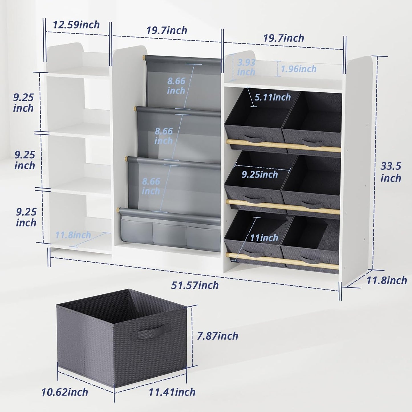 Kids Toy Book Storage Organizer - Large Bookshelf with 7 Removable Bins, Baby Bookshelf and Toy Storage, 4-Tier Book Shelf for Kids Room, Playroom, Classroom, 51 inch, White
