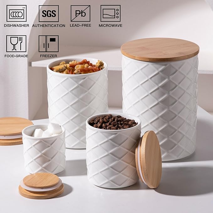 Sweejar Ceramic Canisters Sets for Kitchen Countertop, Relief Food Storage Jar with Bamboo Lid, Stackable Container for Flour, Coffee, Pasta, Cereal, Tea, Cookies, Sugar, Spices, Pack of 4 (White)