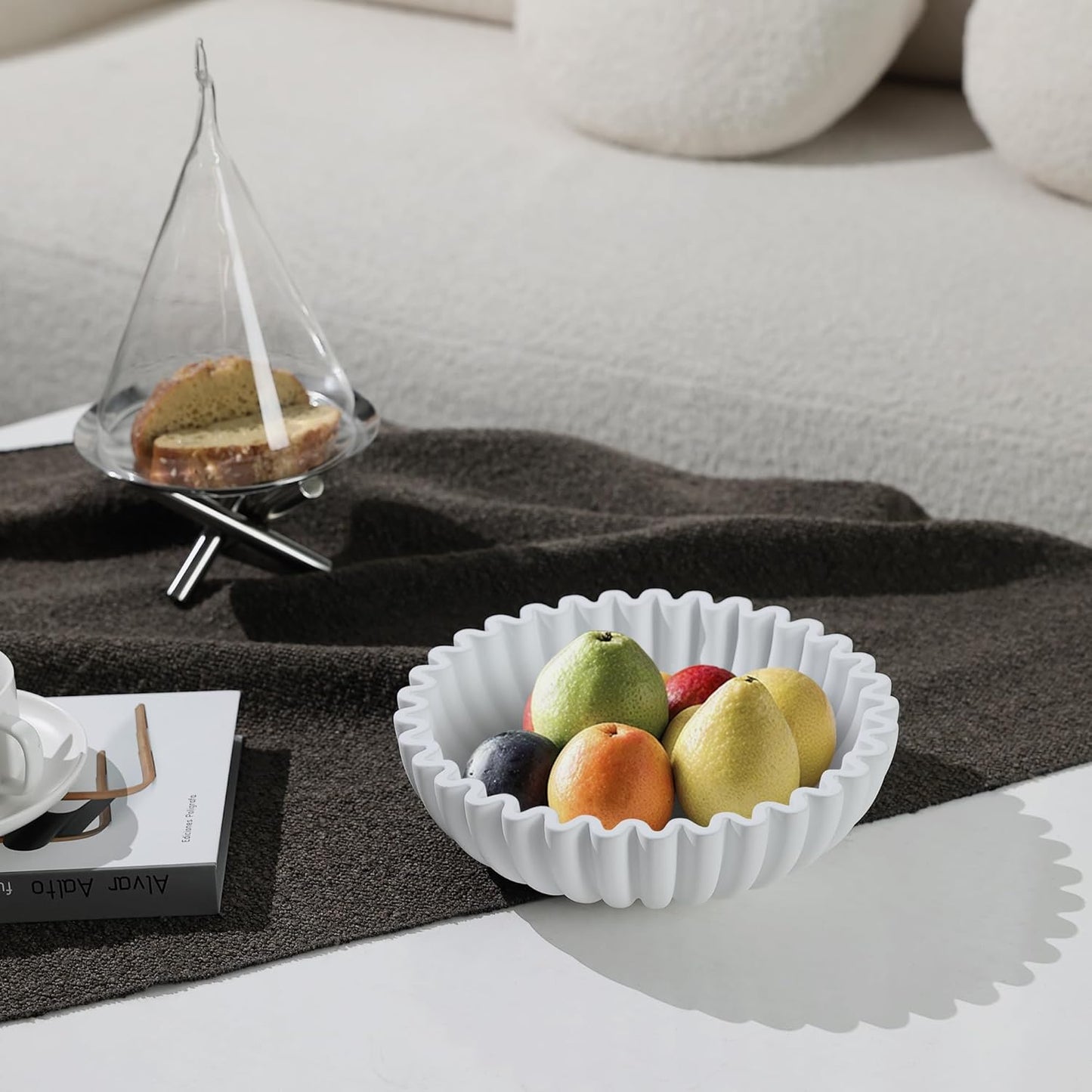 Modern Concrete Decorative Bowl for Kitchen Counter - Large White Fruit Bowl, Key Bowl for Entryway Table, Coffee Table Decor