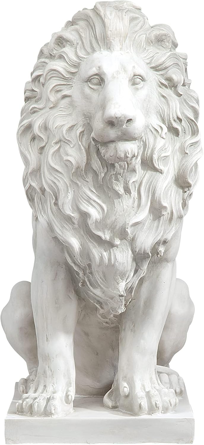 Design Toscano Lion of Florence Sentinel Statue (13 Inches Wide, 21 Inches Deep, 28 Inches High) and Classic Statuary Garden Plinth Base Riser, Large (15 Inches Wide,14 Inches Deep,15 Inches High)