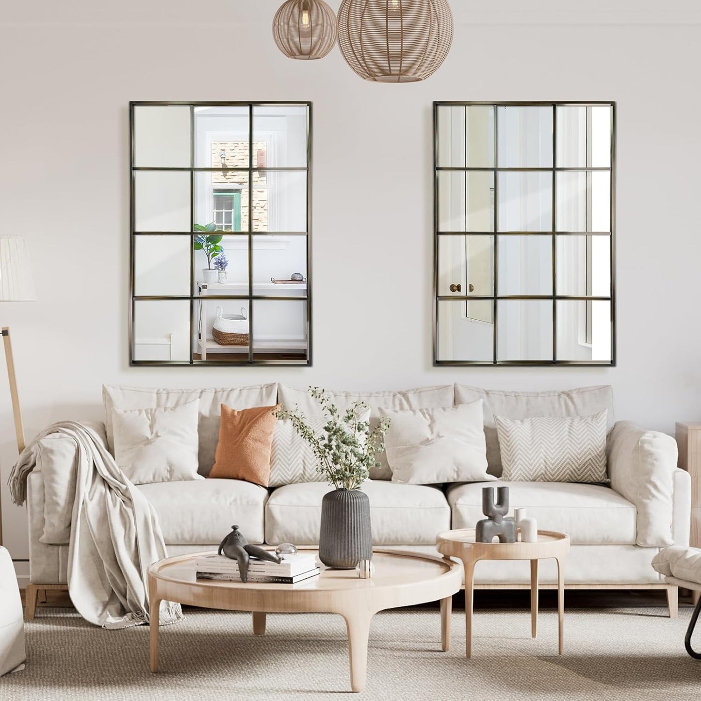 Windowpane Wall Mirror 30"x48" Bronze Wall Mounted Art Pane Mirror Farmhouse Decorative Mirror Leaning Hanging Wall Mirror for Bedroom Living Room Entrance Hallway Wall Decor