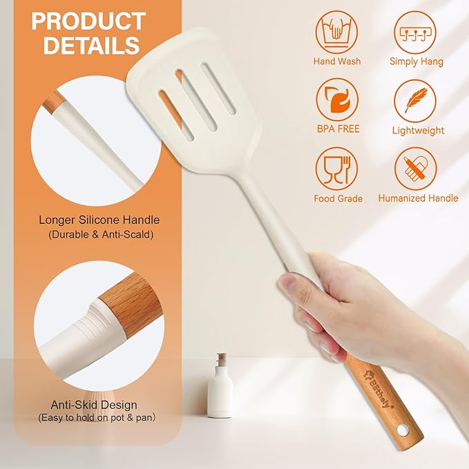 Silicone Cooking Utensils Set, 6 Pack Large Kitchen Utensils Set with Wooden Handle, Heat Resistant Silicone Utensil Spatula Set for Nonstick Cookware, Spatula, Turner, Spoon, Ladle BPA Free (White)